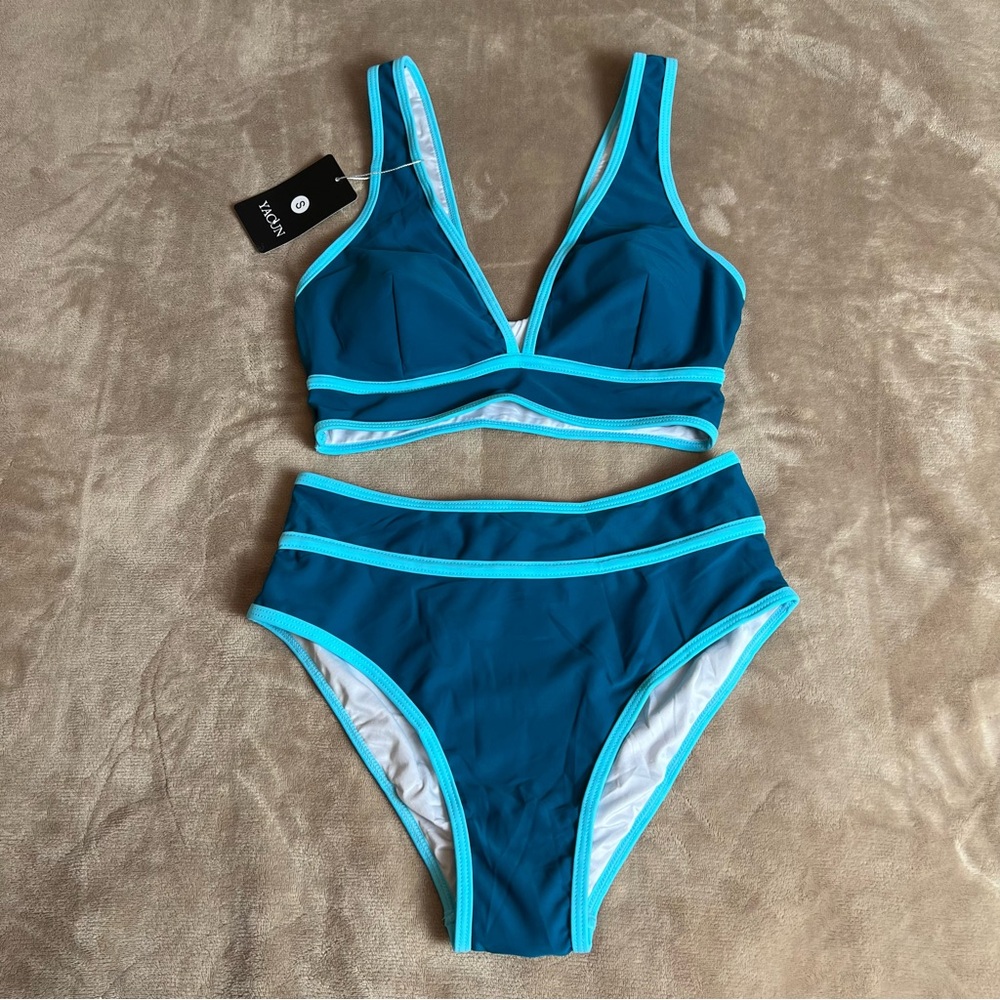 YACUN Teal Blue High Waisted Sporty Deep V Tank Top Retro Bikini - Size S